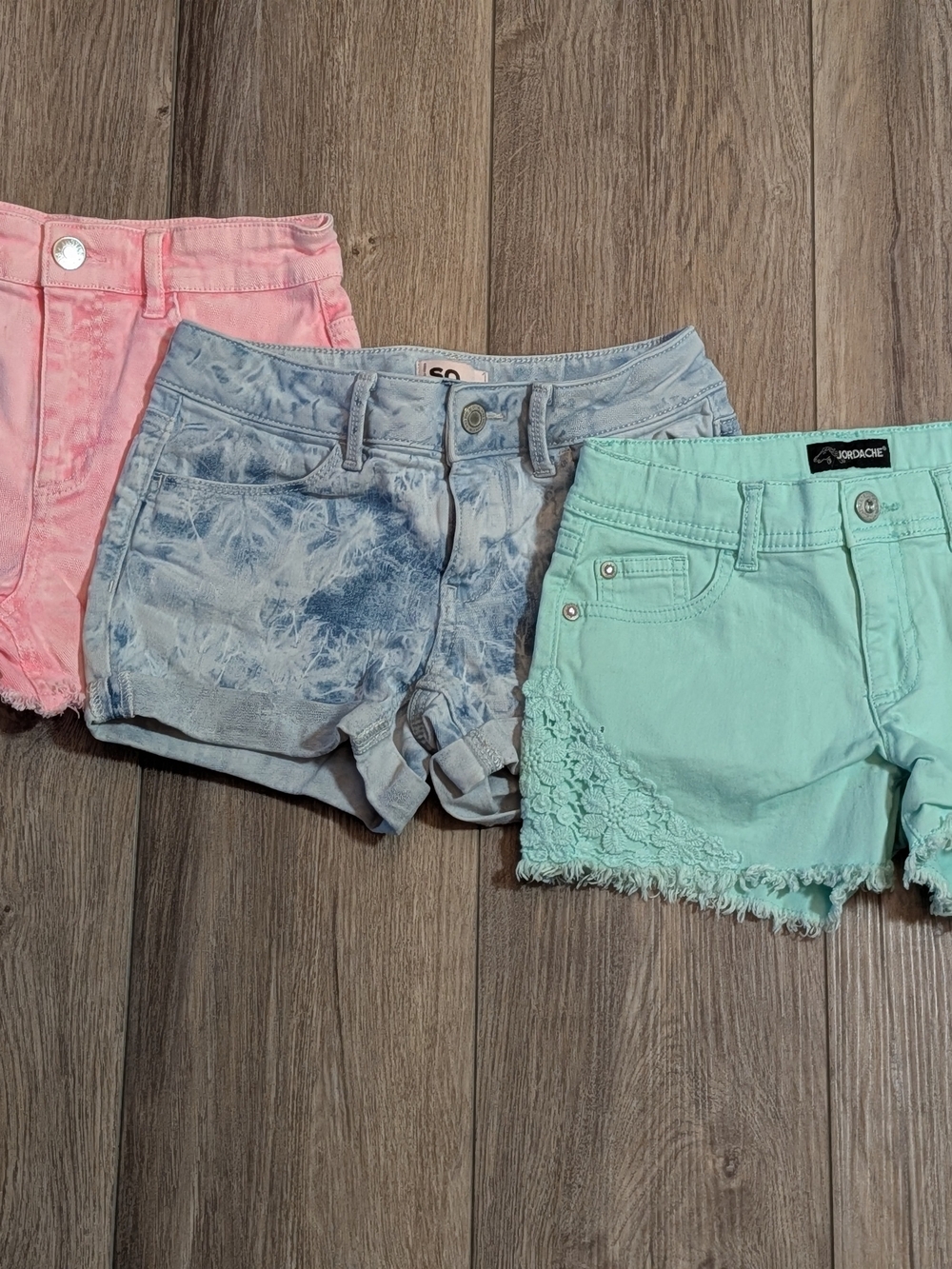 Three-Pack Women's Pastel Denim Shorts - Pink, Blue Tie-Dye, Mint